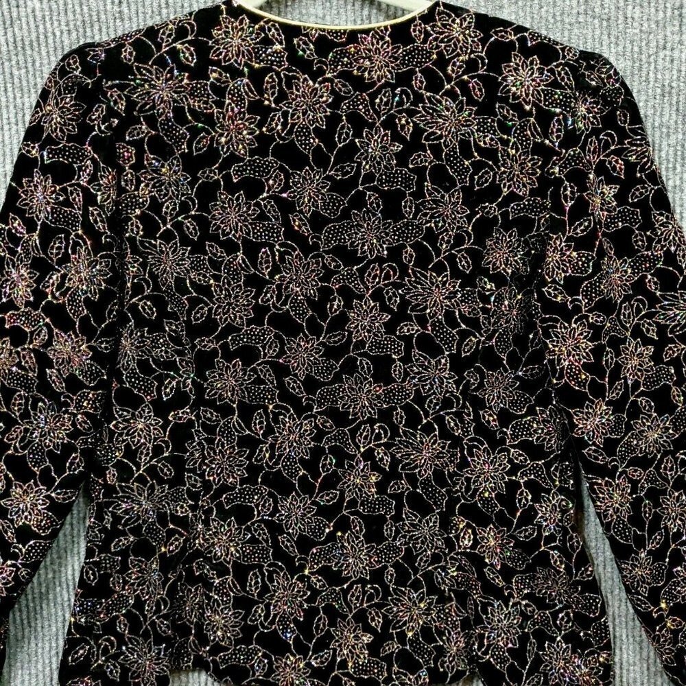 VINTAGE R&K Evening Blazer Jacket Women's 8P Black Velvet Floral Glitter Formal - Picture 8 of 9